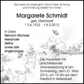 Traueranzeige von Margarete  Schmidt von Echo-Zeitungen (Gesamtausgabe)