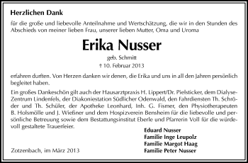 Traueranzeige von Erika Nusser von Starkenburger Echo