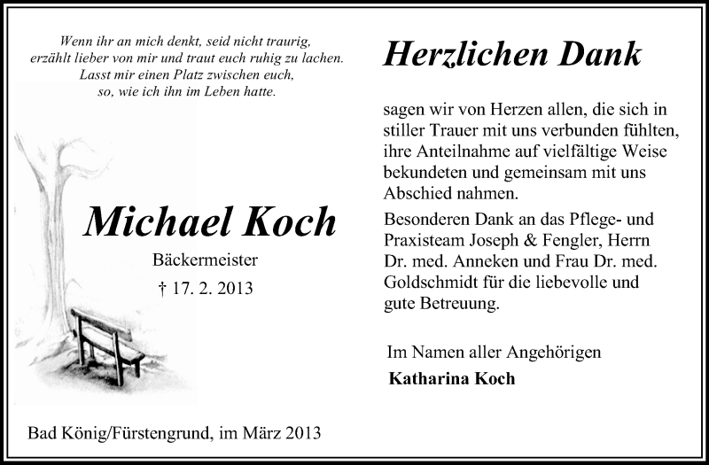  Traueranzeige für Michael Koch vom 16.03.2013 aus Odenwälder Echo