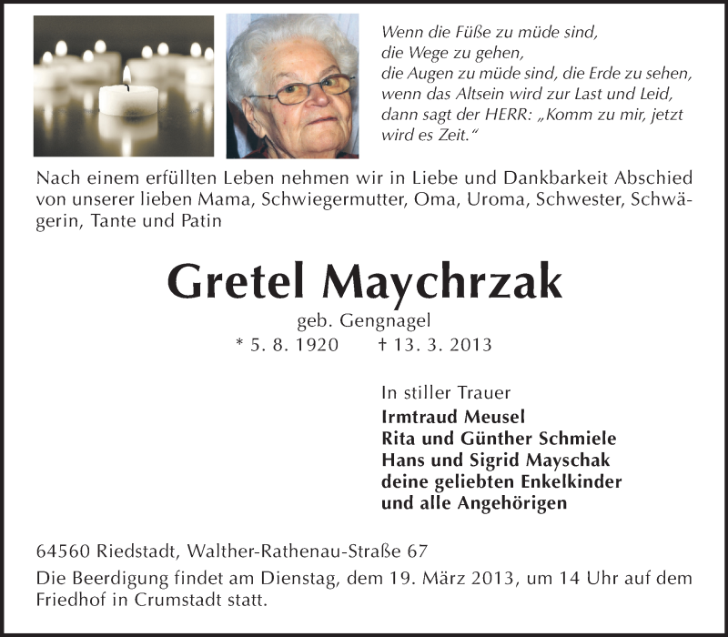  Traueranzeige für Gretel Maychrzak vom 16.03.2013 aus Echo-Zeitungen (Gesamtausgabe)