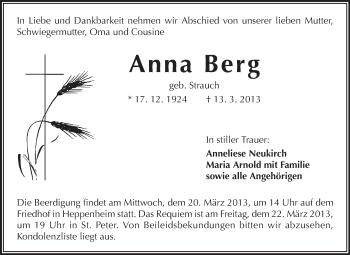 Traueranzeige von Anna Berg von Starkenburger Echo