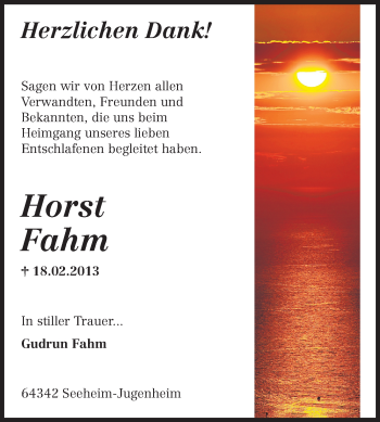 Traueranzeige von Horst Fahm von Echo-Zeitungen (Gesamtausgabe)