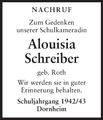 Traueranzeige von Alouisia Schreiber von Rüsselsheimer Echo, Groß-Gerauer-Echo, Ried Echo