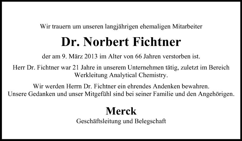  Traueranzeige für Norbert Fichtner vom 18.03.2013 aus Echo-Zeitungen (Gesamtausgabe)
