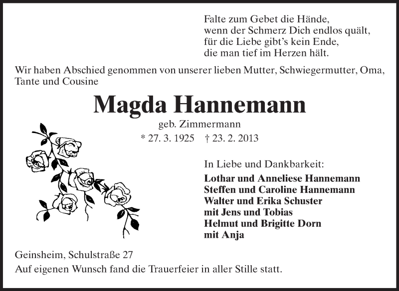  Traueranzeige für Magda Hannemann vom 16.03.2013 aus Rüsselsheimer Echo, Groß-Gerauer-Echo, Ried Echo