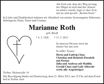 Traueranzeige von Marianne Roth von Rüsselsheimer Echo, Groß-Gerauer-Echo, Ried Echo