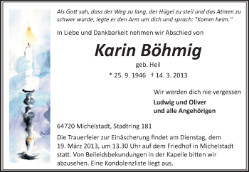 Traueranzeige von Karin Böhmig von Odenwälder Echo