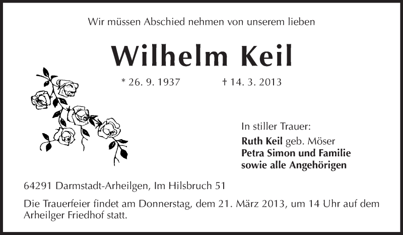  Traueranzeige für Wilhelm Keil vom 16.03.2013 aus Echo-Zeitungen (Gesamtausgabe)