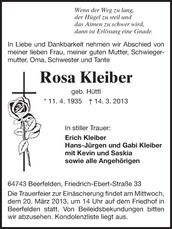 Traueranzeige von Rosa Kleiber von Odenwälder Echo
