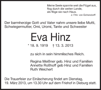 Traueranzeige von Eva Hinz von Echo-Zeitungen (Gesamtausgabe)