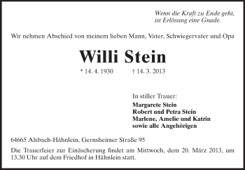 Traueranzeige von Willi Stein von Echo-Zeitungen (Gesamtausgabe)
