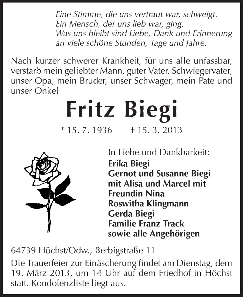  Traueranzeige für Fritz Biegi vom 18.03.2013 aus Odenwälder Echo