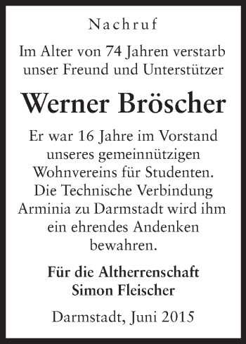 Traueranzeige von Werner Bröscher von Echo-Zeitungen (Gesamtausgabe)