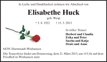 Traueranzeige von Elisabethe Huck von Echo-Zeitungen (Gesamtausgabe)