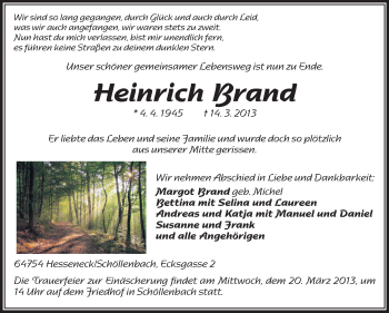 Traueranzeige von Heinrich Brand von Odenwälder Echo