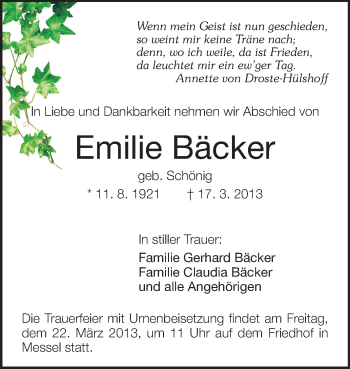 Traueranzeige von Emilie Bäcker von Echo-Zeitungen (Gesamtausgabe)
