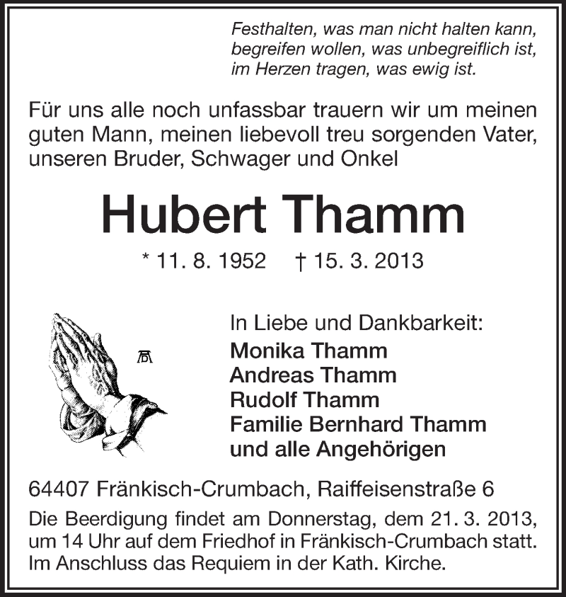  Traueranzeige für Hubert Thamm vom 19.03.2013 aus Odenwälder Echo