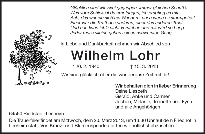  Traueranzeige für Wilhelm Lohr vom 19.03.2013 aus Echo-Zeitungen (Gesamtausgabe)