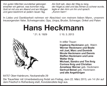 Traueranzeige von Hans Heckmann von Odenwälder Echo