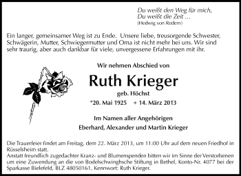 Traueranzeige von Ruth Krieger von Rüsselsheimer Echo, Groß-Gerauer-Echo, Ried Echo
