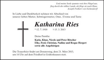 Traueranzeige von Katharina  Ries von Echo-Zeitungen (Gesamtausgabe)