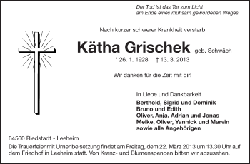 Traueranzeige von Kätha Grischek von Rüsselsheimer Echo, Groß-Gerauer-Echo, Ried Echo