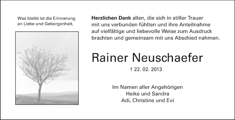  Traueranzeige für Rainer Neuschaefer vom 23.03.2013 aus Darmstädter Echo, Odenwälder Echo, Rüsselsheimer Echo, Groß-Gerauer-Echo, Ried Echo