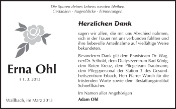 Traueranzeige von Erna Ohl von Odenwälder Echo