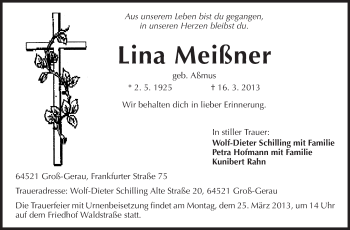 Traueranzeige von Lina Meißner von Rüsselsheimer Echo, Groß-Gerauer-Echo, Ried Echo