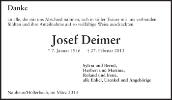 Traueranzeige von Josef Deimer von Rüsselsheimer Echo, Groß-Gerauer-Echo, Ried Echo