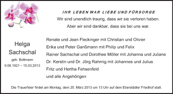 Traueranzeige von Helga Sachschal von Echo-Zeitungen (Gesamtausgabe)