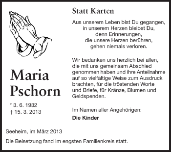 Traueranzeige von Maria Pschorn von Echo-Zeitungen (Gesamtausgabe)
