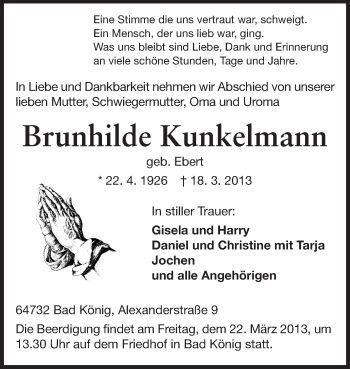 Traueranzeige von Brunhilde Kunkelmann von Odenwälder Echo