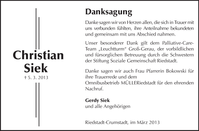  Traueranzeige für Christian Siek vom 20.03.2013 aus Rüsselsheimer Echo, Groß-Gerauer-Echo, Ried Echo