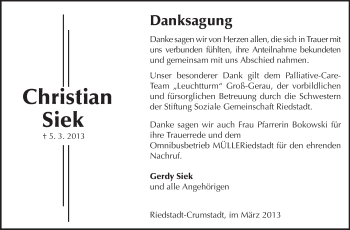 Traueranzeige von Christian Siek von Rüsselsheimer Echo, Groß-Gerauer-Echo, Ried Echo