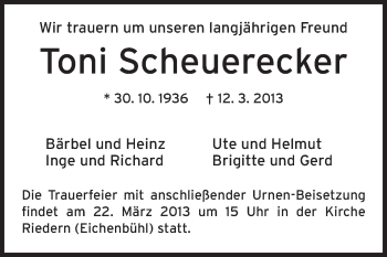 Traueranzeige von Toni Scheuerecker von Odenwälder Echo