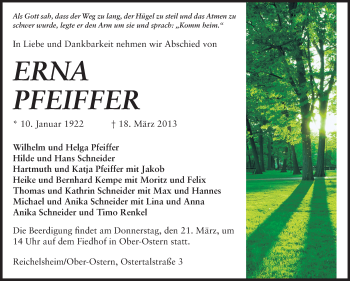 Traueranzeige von Erna Pfeiffer von Darmstädter Echo