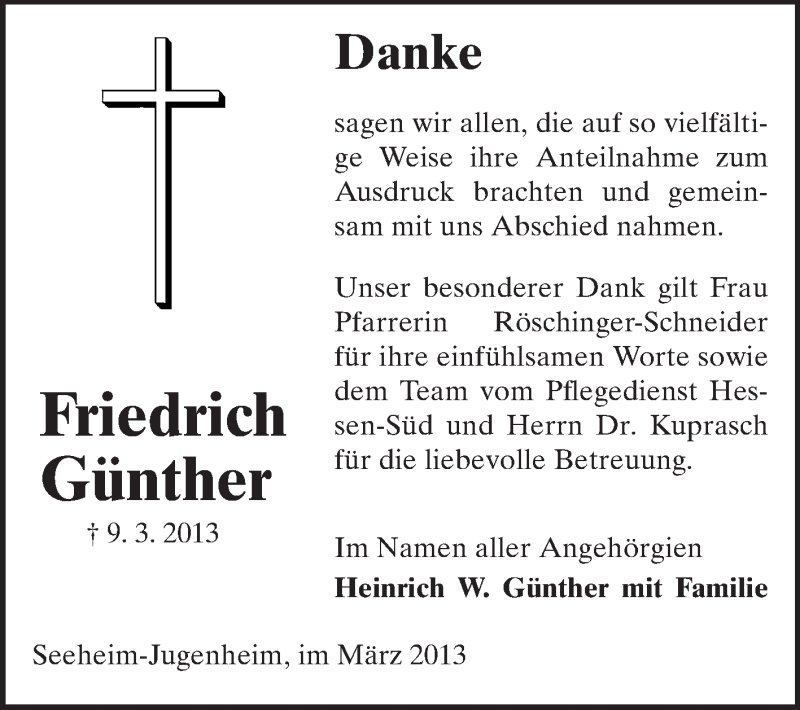  Traueranzeige für Friedrich Günther vom 20.03.2013 aus Echo-Zeitungen (Gesamtausgabe)