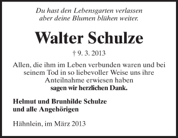 Traueranzeige von Walter Schulze von Echo-Zeitungen (Gesamtausgabe)