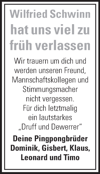 Traueranzeige von Wilfried Schwinn von Echo-Zeitungen (Gesamtausgabe)