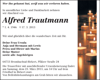 Traueranzeige von Alfred Trautmann von Odenwälder Echo