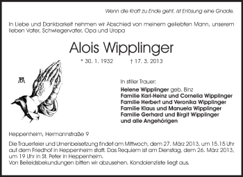 Traueranzeige von Alois Wipplinger von Starkenburger Echo