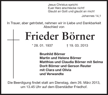 Traueranzeige von Frieder Börner von Echo-Zeitungen (Gesamtausgabe)