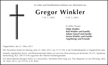 Traueranzeige von Gregor Winkler von Starkenburger Echo, Bergsträßer Anzeiger