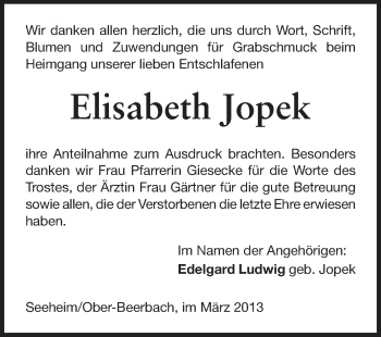 Traueranzeige von Elisabeth Jopek von Echo-Zeitungen (Gesamtausgabe)