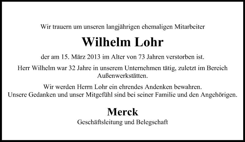  Traueranzeige für Wilhelm Lohr vom 21.03.2013 aus Echo-Zeitungen (Gesamtausgabe)