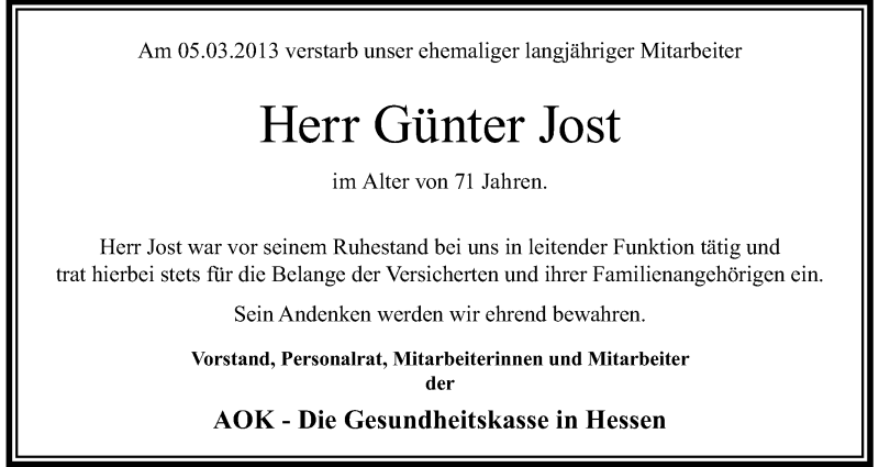  Traueranzeige für Günter Jost vom 21.03.2013 aus Echo-Zeitungen (Gesamtausgabe)