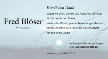 Traueranzeige von Fred Blöser von Rüsselsheimer Echo, Groß-Gerauer-Echo, Ried Echo