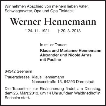 Traueranzeige von Werner Hennemann von Echo-Zeitungen (Gesamtausgabe)