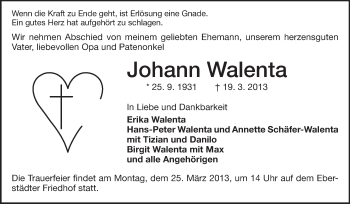Traueranzeige von Johann Walenta von Echo-Zeitungen (Gesamtausgabe)